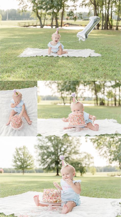 First Birthday Smash Cake Pictures, Spring First Birthday Photoshoot, 1st Birthday Shoot Outdoor, 1st Birthday Cake Smash Outdoors, 1st Birthday Outdoor Decorations, One Birthday Pictures, Smash Photoshoot First Birthdays, Photo First Birthday, Sprinkle Cake Smash