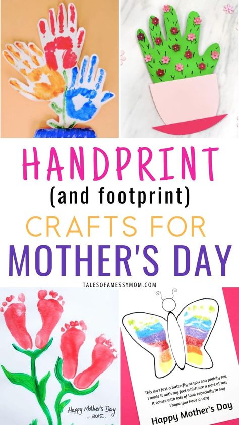 DIY handprint and footprint crafts for Mother's Day. Handprint crafts for mom or grandparents from baby and kids. Hand prints and foot prints make the most special Mother's Day gift. #handprint #handprintcrafts #mothersday #footprints Handprint Crafts For Mother's Day, Mothersday Craft Baby, Mothersday Handprint Craft, Mother's Day Craft Ideas For Infants, Hand Prints For Mother’s Day, Footprint Cards Grandparents, Mother’s Day Hand Print Gift Ideas, Hand Print Crafts For Kids Mothers Day, Hand And Foot Print Art For Kids Mothers Day