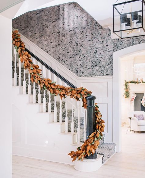 our Magnolia garland just showin' off on a customer's banister 😍 . greenery isn't just for the holidays. we love getting creative and finding new ways to style greenery in homes and at events all year round! planning an event this year? we would love to help! submit a request through our website and let's start dreaming ✨ . #graciousgarlands #magnolia #garland #weddings #eventstyling Fall Staircase, Magnolia Wreaths, Beautiful Staircases, Fall Garlands, Wainscoting Ideas, Magnolia Garland, Thanksgiving 2020, Thanksgiving Inspiration, Magnolia Wreath