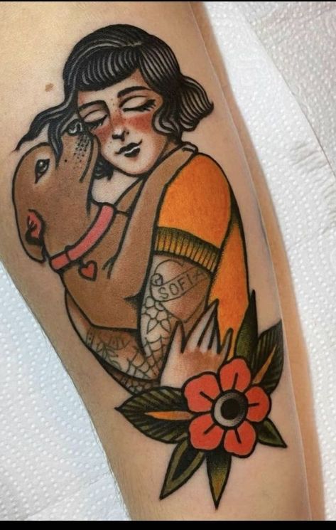 Jessica O, Dog Portrait Tattoo, Traditional Tattoo Inspiration, Traditional Style Tattoo, Traditional Tattoo Sleeve, Wicked Tattoos, Pin Up Tattoos, Traditional Tattoo Art, Baby Tattoos