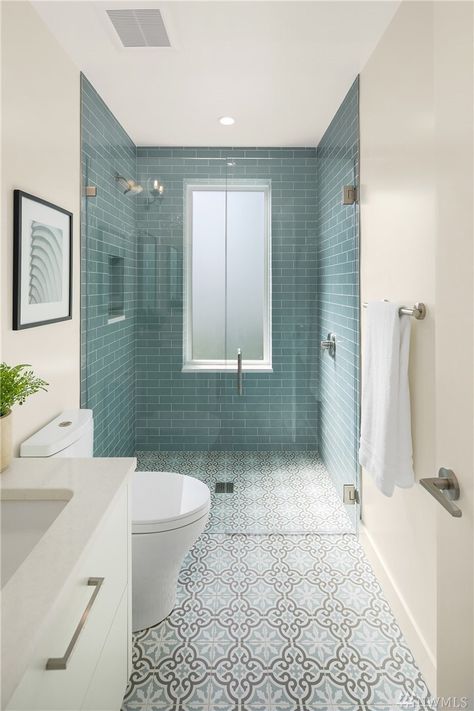 Small Shower Room Tiling Ideas, Light Blue Green Bathroom, Colorful Shower Tile Ideas, Printed Tile Bathroom, White And Wood Bathroom, Greek Bathroom, Ensuite Bathroom Ideas Master Bedrooms, Long Narrow Bathroom, Modern Boho Bathroom