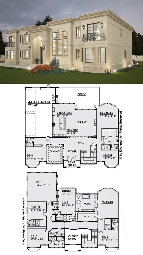 https://www.houseplans.com/plan/6765-square-feet-5-bedroom-7-bathroom-4-garage-classical-mediterranean-sp124515 Mansion Floor Plan Modern, Mansion Floor Plan Sims, Sims Mansion Floor Plans, Old Money House Layout, Mansion Layout Floor Plans, Classic House Plans, House Structure Design, Luxury Floor Plans, Luxury Houses Mansions