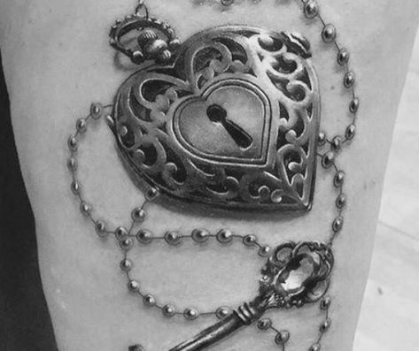 Locket And Key Tattoo For Couples, Sugar Skull Sleeve, Keyhole Tattoo, Grandchildren Tattoos, Locket Tattoos, Key Tattoo, Skull Sleeve, Chest Tattoos, Heart Tattoo Designs