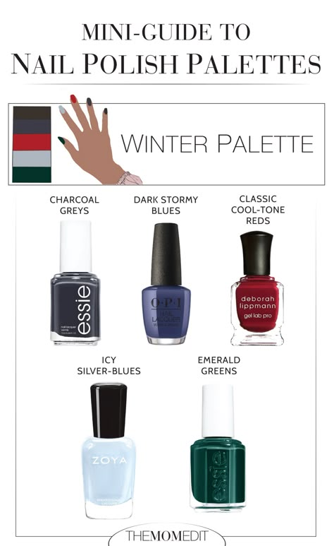 CHIC & SUBTLE RAINBOW NAILS: AN AT-HOME MANICURE IN FALL & WINTER COLORS | We're giving our at-home manicures a special je ne sais quoi. Nails in fall & winter rainbow colors — Here's all the polish for 2 chic, subtle palettes. | #TheMomEditStyle #NailPolishColors2020 #EssieNailColor #GoodNailPolishBrands #RainbowNailPolish #NailColors2020 #BestFallNailColors2020 #2020FallNailColors #BestAtHomeManicure #ChristmasManicureIdeas Cool Winter Nail Polish, Nails For Deep Winter, True Winter Nail Polish, Bright Winter Nail Polish, Nail Colors For Deep Winter, Hoc Sultry Winter, Winter Nail Palette, Cool Winter Color Palette Nails, Hoc Winter Nails