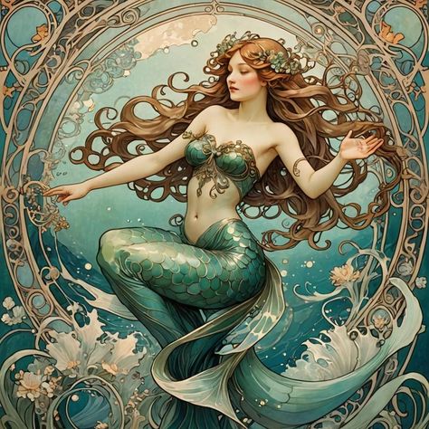 Explore AI Generated Art - NightCafe Creator Mermaid Art Nouveau, Art Nouveau Mermaid, Mythical Sea Creatures, Totes Ideas, Crystal World, Nouveau Illustration, Mermaid Illustration, Art Nouveau Illustration, Mermaid Core