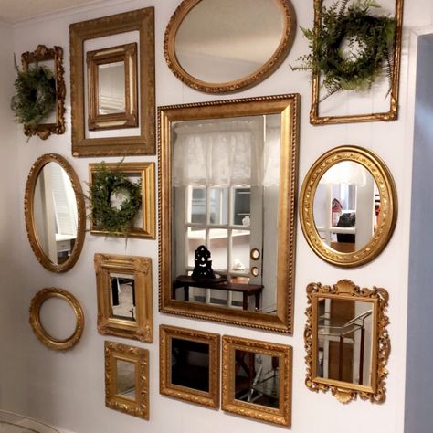 Mismatched Mirror Wall, Multi Mirror Wall, Wall With Mirror And Pictures, Mirror Gallery Wall Dining Room, Many Mirrors On Wall, Mirror Wall Decor Hallway, Mirror Wall Decor On Stairs, Mirror And Picture Wall, Gold Mirrors On Wall