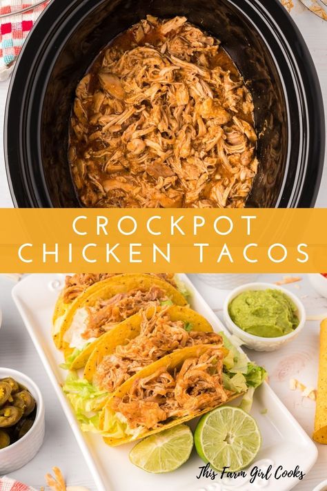 Crock Pot Chicken Tacos are simple to make using pantry ingredients and are made with real food ingredients. Add these to your Taco Tuesday night! #tacos #crockpot #freezermeals #tacotuesday #crockpotrecipe Simple Chicken Tacos Crockpot, Gluten Free Chicken Tacos Crock Pot, Frozen Chicken Tacos Crockpot, Best Crockpot Chicken Tacos, Taco Chicken Crockpot, Crock Pot Taco Chicken, Shredded Chicken Tacos Crockpot, Slow Cooker Shredded Chicken Tacos, Shredded Chicken Tacos Recipe