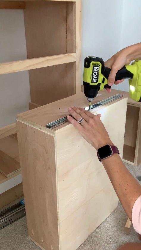 Melissa Tyler drilling the drawer slides on the back of drawers for her DIY custom closet. How To Add Drawers To A Closet, Diy Closet Drawers, Diy Closets, Diy Walk In Closet, Diy Custom Closet, Closet Redo, Dream Closet Design, Closet Drawers, 5 Drawer Dresser