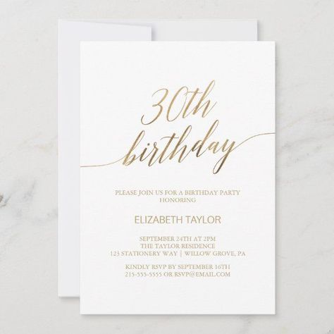 Elegant Gold Calligraphy 30th Birthday Invitation 90th Birthday Invitations, Whimsical Typography, 70th Birthday Invitations, Simple Birthday Party, Black Calligraphy, 80th Birthday Invitations, Teenager Birthday, Minimalist Card, 21st Birthday Invitations