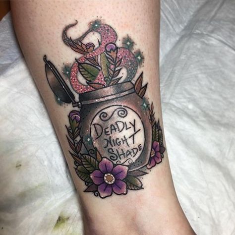 Bottle of Deadly Nightshade tattooed on the ankle | www.otziapp.com Ephemeral Tattoo, Tim Burton Tattoo, Nightmare Before Christmas Tattoo, Tattoo Shading, Christmas Tattoo, Witch Tattoo, Theme Tattoo, Inspiration Tattoo, Tattoos Geometric