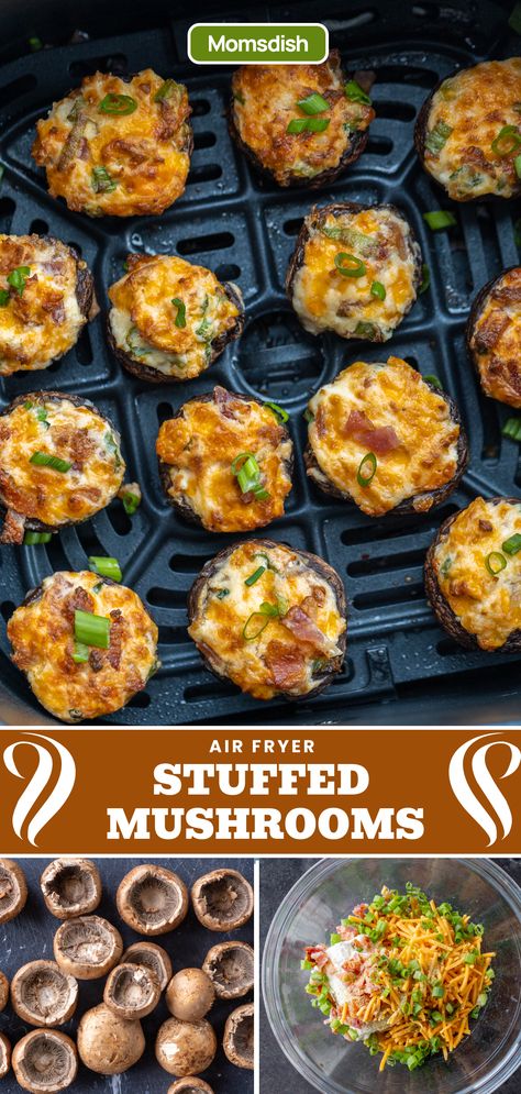 These easy, stuffed mushrooms take less than 20 minutes to whip up — cooking included! Prep the ‘shrooms, get stuffing, and leave the rest to the air fryer. One bite into these mushrooms, and you'll be hooked! Keto Stuffed Mushrooms Air Fryer, Air Fried Stuffed Mushrooms, Air Fry Stuffed Mushrooms, Low Calorie Stuffed Mushrooms, Stuffed Mushrooms Air Fryer, Mushrooms Air Fryer, Air Fryer Stuffed Mushrooms, Easy Stuffed Mushrooms, Seafood Stuffed Mushrooms