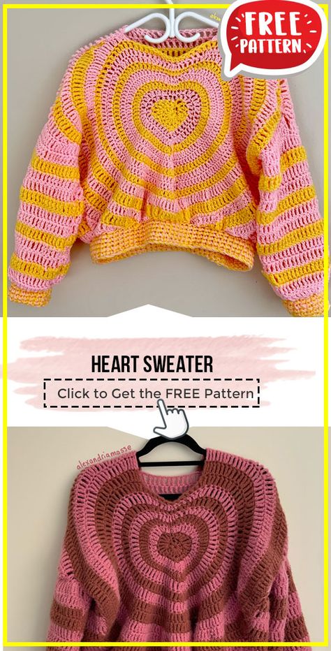 crochet Heart Sweater free pattern - FREE Crochet Sweater Pattern for Beginners. Click to Get the Pattern #Sweater #crochetpattern #crochet via @shareapattern.com Heart Sweater Crochet Pattern Free, Crochet Free Patterns Top, Crochet Heart Jumper, Crochet Pattern Free Sweater, Heart Sweater Crochet Pattern, Jumper Crochet Pattern Free, Crochet Clothing Free Pattern, Crochet Heart Sweater Pattern Free, Free Pattern Crochet Sweater