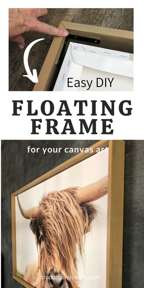 Floating frames are a beautiful way to finish canvas art or photos, but they're so expensive.  Learn how to DIY a floating frame for a fraction of the cost. Canvas With Wood Frame, How To Build Frames For Canvas, Wood Frame Around Canvas, Framing A Canvas Diy, Floating Frames Diy, Wood Framed Canvas, How To Make A Frame For Canvas Art, Diy Picture Frames For Canvas, How To Make Your Own Canvas Frames