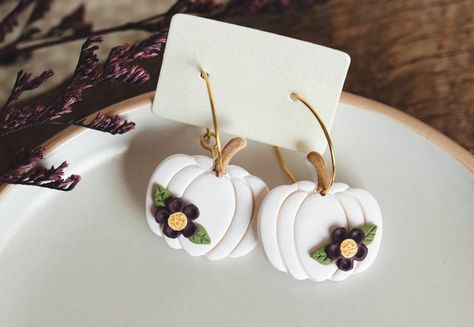 White and Dark Purple Floral Pumpkin Hoops Lightweight Polymer Clay Earrings Handmade Autumn Fall Cute Flower Halloween Hoop Earrings - Etsy Clay Pumpkins, Water Makeup, Dark Purple Flowers, Floral Pumpkin, Earring Cards, White Pumpkins, Cute Flower, Polymer Clay Crafts, Jewelry Earrings Hoops