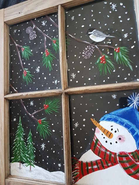 Snowman Window Painting Ideas, Snowman Painted Windows, Window Holiday Painting, Old Window Painting Ideas Christmas, Winter Painting On Window, Christmas Window Design Ideas, Old Window Christmas Ideas Diy Projects, Snow Windows Art, Easy Winter Window Painting