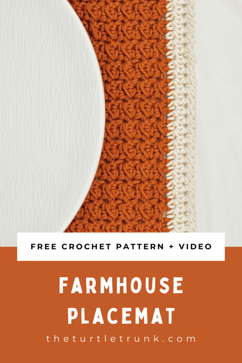 Photo shows an orange and white, crochet placemat on a white surface with a plate on top. Crochet Placemats Free Pattern, Crab Stitch Border, Even Moss Stitch, Crochet Placemat Pattern, Placemat Patterns, Crochet Placemat, Crochet Placemat Patterns, Crochet Throw Pattern, Coaster Pattern