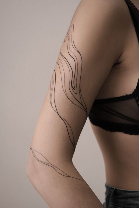 Water Tattoo Shoulder, Water Line Tattoo, Flowing Water Tattoo, Line Body Tattoo, Abstract Water Tattoo, Arm Ring Tattoo, Swirly Tattoo, Bro Tattoos, Line Tattoo Arm