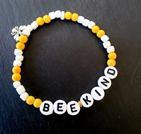 Made today, the latest addition to my #etsy shop: Bee Kind Bee Stretch Bracelet https://etsy.me/2SCSJZ6 #women #bracelet #stretch #mother #girlfriend #friend #silver #beekind #bee Bee Bracelet Diy, Bee Kandi, Bee Bracelet Beads, Bee Jewelry Bracelets, Honey Bee Bracelet, Bee Charm Jewelry, Preppy Bracelets, Beaded Braclets, Fun Bracelet