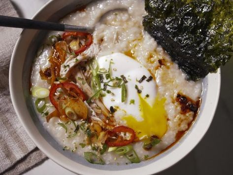 Esther Choi's Breakfast Congee Beauty, as seen on The Kitchen, Season 36. Congee Recipe Breakfast, Breakfast Congee, Congee Recipe, Rice Porridge, Gluten Free Chicken, Chicken Stock, Rotisserie Chicken, Food Network, Food Network Recipes