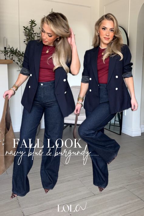 Heidi Wide Leg Jeans curated on LTK Navy Blue And Burgundy Outfit, Burgundy Top And Jeans Outfit, Wide Jeans Winter Outfit, Burgundy Top Outfit, Blue Vest Outfit, Navy Blue Blazer Outfit, 60 Degree Weather Outfit, Blue Blazer Outfit, Oxfords Outfit