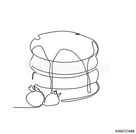 Pancake Sketch, Pancake Tattoo, Pancakes Drawing, Food Line Drawing, Pancake Drawing, Contour Line Drawing, Strawberry Pancakes, Line Drawing Art, Art Vector Illustration