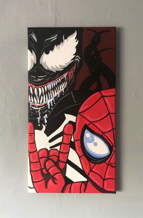 Cool Marvel Paintings, Venom Acrylic Painting, Spiderman And Venom Painting, Spiderman On Canvas, Avenger Paintings, Spider Man Acrylic Painting, Venom Canvas Painting, Venom And Spiderman Drawing, Spider Man And Venom Drawing