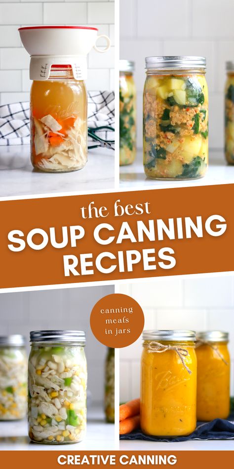 The Best Canning Soup Recipes: Pressure Canning Soup Recipes - Are you looking for a way to preserve those fresh summer vegetables? Canning soup is an easy, affordable way to do just that! With these recipes for the best canning soup, you can enjoy delicious soups and stews year-round. Whether it's pressure canning soup, hearty beef stew, creamy carrot soup, zuppa toscana soup, & other meals in jars, you're sure to find something to satisfy your taste buds. Soup Canning Recipes, Can Chicken Soup, Soup Zuppa Toscana, Canning Soups, Meals In Jars, Canning Beef Stew, Canned Meals, Canning Chili, Canning Meals