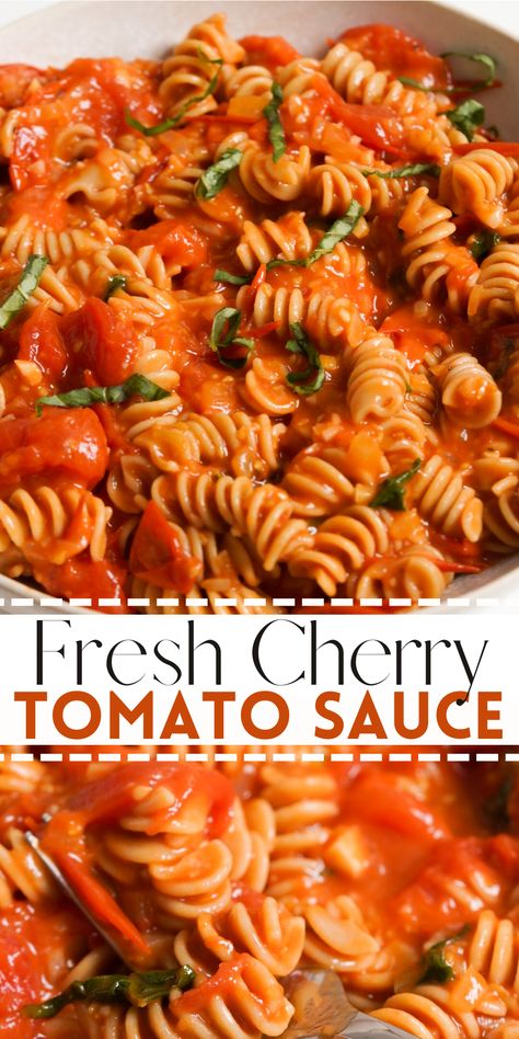 Looking for a taste of summer you can enjoy all year round? You need to try my easy Cherry Tomato Sauce recipe. Simply made in less than 30 minutes with just 7 ingredients (including salt & pepper), this delectable pasta sauce is certain to become a family favorite. Cherry Tomatoes Recipes Pasta, Easy Tomato Pasta Sauce, Cherry Tomato Pasta Sauce, Quick Pasta Sauce, Pasta Sauce Recipes Tomato, Tomato Basil Pasta Sauce, Basil Pasta Sauce, Tomato Pasta Recipe, Cherry Tomato Recipes