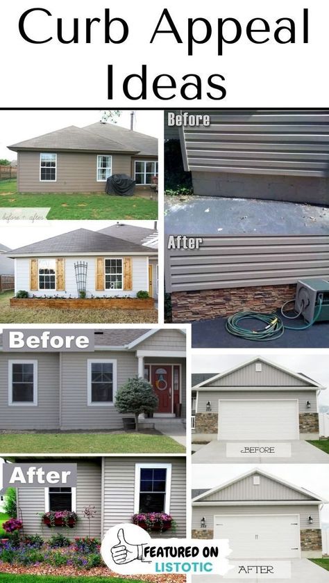 Before And After Porch Remodel, Change Siding On House, Siding To Brick Before And After, Plain Front House Makeover, How To Make A Plain House Exterior Look Better, Outdoor Home Upgrades, Curb Appeal On A Budget Before And After, Improve Front Of House, House Without Shutters Before And After