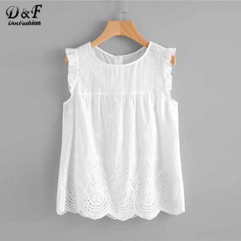 Embroidered Frilled Summer Sleeveless Blouse Round Neck Sleeveless Blouse, Cotton Summer Tops, Summer Cotton Tops, Clothes Tops, Fashion Tops Blouse, Shell Top, Scallop Hem, Shell Tops, Top Women