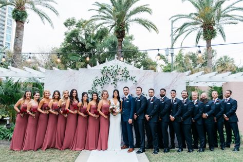 Navy Bridal Parties, Navy Groomsmen, Dusty Rose Wedding Colors, Pnina Tornai Wedding Dress, Bridal Party Groomsmen, Outdoor Bride, Dusty Rose Bridesmaid Dresses, Rose Bridesmaid Dresses, Gold Wedding Dress