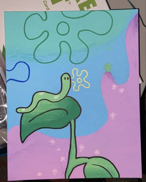 Cool Painting Ideas Big Canvas, Easy Cool Sketch Ideas, Easy Paintings For Room Decor, Canvas Painting Ideas Meaningful, Acrylic Painting Spongebob, East Painting Ideas Canvases, Kawaii Acrylic Painting, Cute Funny Paintings, Care Bear Canvas Painting