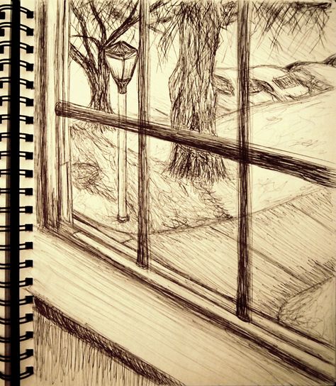 Day 15: Drawing of the view outside my dorm window. Medium: Black Ball Point Pen Person Looking Out Window Drawing, View From A Window Drawing, Window View Sketch, Window Drawing Sketch, Open Window Drawing, Window View Drawing, Window Illustration Drawing, Windowsill Drawing, Window Drawing Ideas