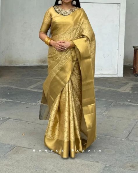 ***BANARASI TISSUE SILK SAREE with golden zari weaving full saree brocade design and with brocade blouse CODE: HPOO1773 **Humble Pleats offers ALL INDIA FREE SHIPPING **Accepts online payments. Do not offer exchanges, cash on delivery, or returns - except for damaged products. In the case of a damaged product, it must be in its original condition in order to be eligible for a return.***Light smudges, mild colour difference,small thread pulls will not be considered as defect.***Colour may ... Tissue Silk Saree Blouse Design, Golden Colour Saree, Golden Saree Blouse Designs, Golden Saree, Tissue Silk Saree, Brocade Blouse, Yellow Soft, Tissue Saree, Silk Saree Blouse Designs