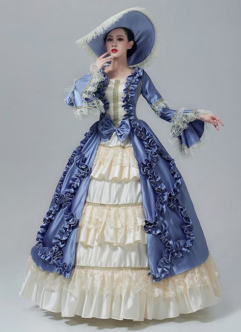 Women Christmas Carnival Masquerade Blue Dress Victorian Reenactment Costumes     Condition: Brand New   Color:Blue   Material: This dress made of High Quality Satins,Lace, soft,smooth and comfortable to wear   Sleeve Length: Long Flare Sleeve   Dresses Length:Floor-Length   Neckline: amp;nbsp; Square Collar   Decoration: Ruffles + Lace   Package Includes: Dress     The length of skirt about 45 inches (114 cm) long from waist to hem regardless of size. This dress is pictured with a 6-hoop skirt Victorian Princess Costume, British Queen Dress, Victorian Hoop Skirt Dress, People In Dresses Reference, Blue Aristocrat Aesthetic, Victorian Ball Gowns Blue, Dresses From 1800s, Long Victorian Dress, Victorian Royalty Dress