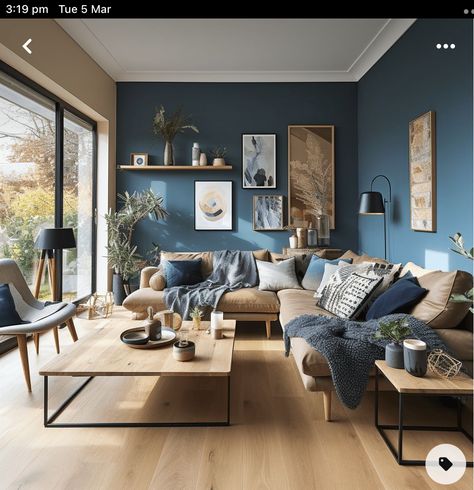 Lounge Blue Feature Wall, Dusky Blue Living Room, Living Room Dark Blue Walls, Blue Wall Living Room Ideas, Hague Blue Living Room, Living Room With Blue Walls, Cosy Snug, Blue Feature Wall, Dark Blue Walls