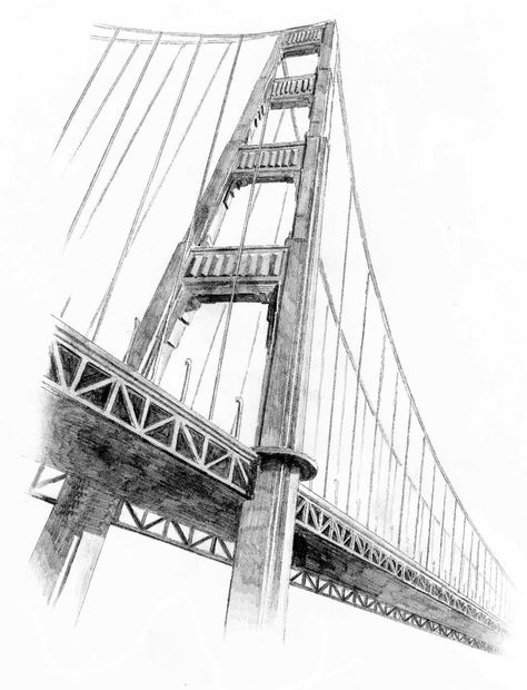 An unusual view of the Golden Gate Bridge, San Francisco.                                                                                                                                                                                 More Golden Gate Bridge Sketch, San Francisco Bridge Drawing, Golden Gate Tattoo, San Francisco Drawing, Golden Gate Bridge Drawing, Golden Gate Bridge Tattoo, Bridge Sketch, Bridge Tattoo, Bridge Drawing