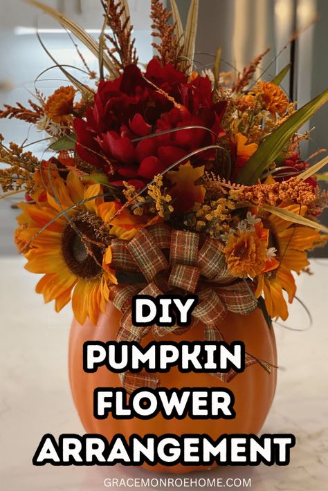 Foam Pumpkin With Flowers, Fake Pumpkin Flower Arrangements, Fall Pumpkin Flower Arrangements, Pumpkin Flower Arrangements Diy, Foam Pumpkin Decorating Ideas, Pumpkin Flower Arrangements, Pumpkin Flower Centerpiece, Pumpkin Flower Arrangement, Pumpkin With Flowers