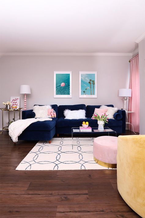 Blue And Pink Living Room, Designing A Room, College Living Rooms, Pink Living Room Decor, Vibrant Living Room, Colourful Living Room Decor, Living Room Reveal, Bachelorette Pad, First Apartment Decorating