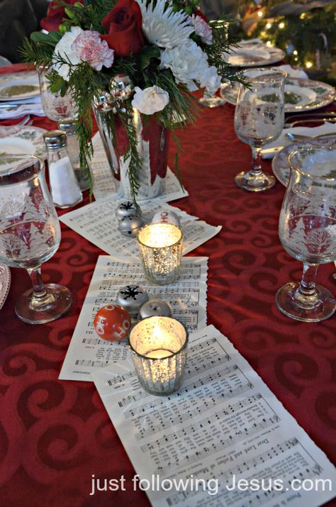 Just following Jesus in my real life...: Christmas tablescape 2012... Wedding Music Ideas, Music Centerpieces, Black Tablecloths, Bangs Styles, Church Christmas Party, Christmas Luncheon, 3 Daughters, Ward Christmas Party, Following Jesus