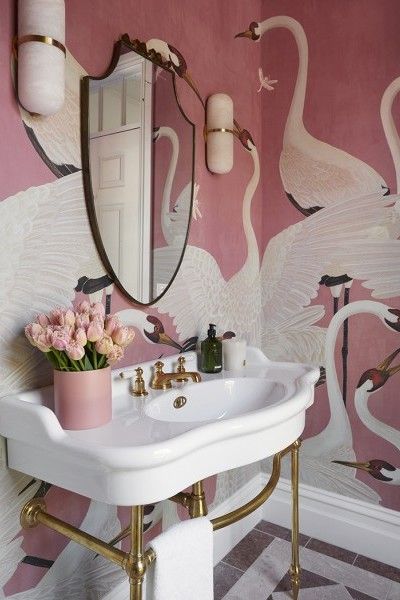 Biscayne Beach House | Powder Room | Kate Walker Design | The English Tapware Company Heron Wallpaper, Pink Powder Room, Powder Room Design, Hamptons House, Modern Mirror, Eclectic Interior, Print Wallpaper, Beautiful Bathrooms, Elle Decor