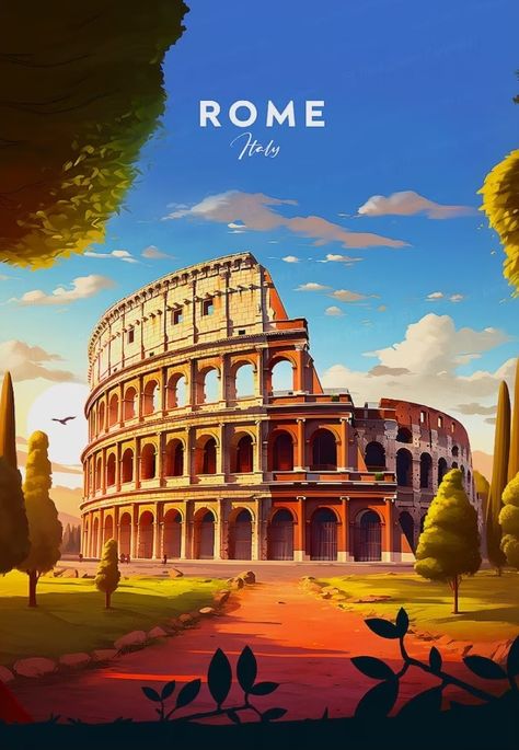 Rome Illustration Art, Rome Travel Poster, Italy Illustration Art, Rome Drawing, Rome Illustration, Rome Poster, Rome Painting, Travel Collage, Italy Poster