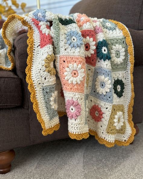 The coziest blanket 🌼🤎 This one is finally up for sale! It took awhile, but she’s done + a beaut 😍 If you’re interested or know someone who is, please share or send me a DM 🤎 #daisycrochet #moderncrochet #daisygrannysquare #grannysquareblanket #makersgonnamake #babyblanket #crochetbabyblanket #babyshowergiftidea #daisysfordays #flowercrochet #etsybaby #creator #crocheteveryday Multicolor Crochet Blanket, New Crochet Ideas, Crochet Pins, Crochet Granny Square Blanket, Manta Crochet, Granny Square Blanket, New Crochet, Square Blanket, Crochet Granny Square