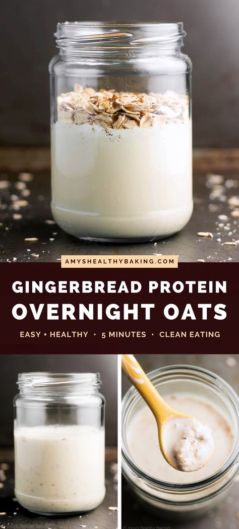 High Protein Gingerbread Overnight Oats | Amy's Healthy Baking High Protein Overnight Oats Recipe, Overnight Oats For Diabetics, Gingerbread Oats, Quick Protein Breakfast, Protein Gingerbread, Gingerbread Protein, Gingerbread Oatmeal, Easy Oatmeal Recipes, Healthy Overnight Oats