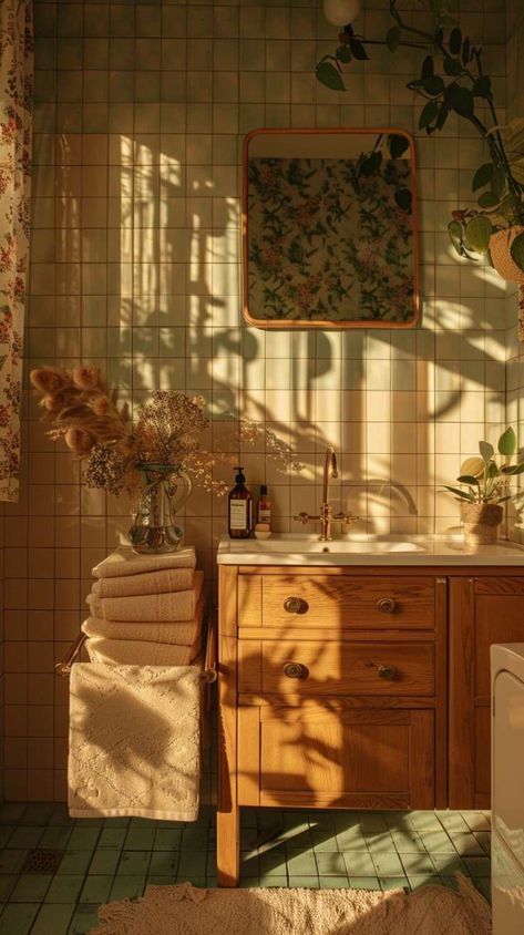 90s Bathroom Design Ideas for a Retro Home Makeover Vintage Eclectic Bathroom, 1940 Bathroom Ideas, 90s House Interior, 70s Bathroom Aesthetic, Bathroom Aesthetic Vintage, Retro Mobile Home, Vintage Bathroom Aesthetic, Cozy Bathroom Aesthetic, 1910s House