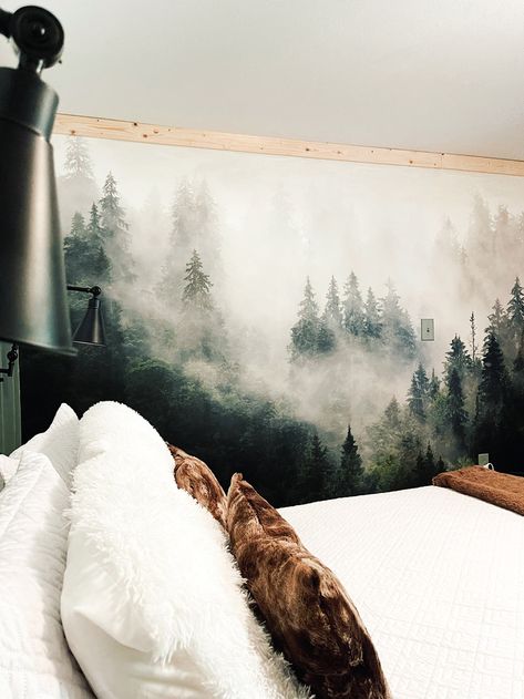 Accent Wall Cabin, Cabin Accent Wall, Mountain Accent Wall, Airbnb Hacks, Cabin Furnishings, Cozy Cabin Interior, Cabin Wallpaper, Mountain Wall Mural, House Styling