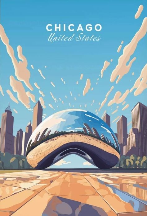 Record Painting, Wanderlust Decor, City Artwork, Cute Easy Doodles, Travel Poster Design, City Drawing, Chicago Travel, Retro Travel Poster, Canvas Painting Designs