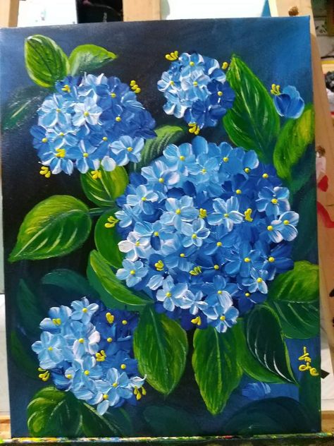 Hydrangea Canvas Painting, Painted Hydrangea Flowers, Flower Paintings Simple, Hydrangea Painting Acrylic, Acrylic Painting Flowers Easy, Hydrangeas Painting, Painted Hydrangea, Painting Ideas On Canvas Flowers, Hydrangeas Art