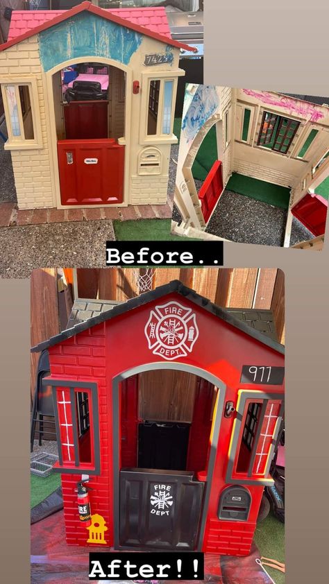 Fire Station Playhouse, Outside Play Area For Toddlers, Construction Play Area Outdoor, Backyard Play Area For Toddler, Diy Outdoor Toys For Toddlers, Cheap Diy Kids Outdoor Play Area Ideas, Outdoor Daycare Play Area, Playhouse Makeover For Boys, Firehouse Playhouse