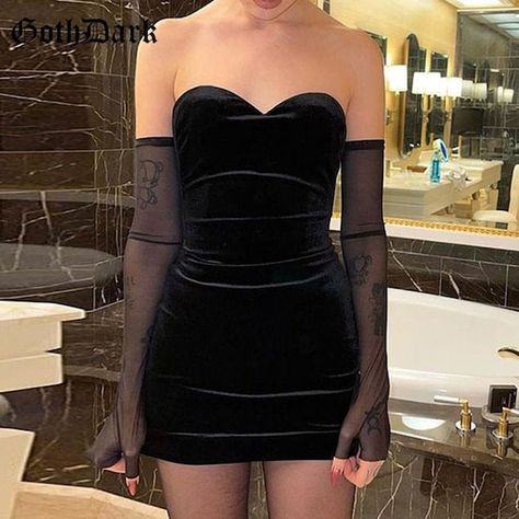 Gothic Dress Elegant Gothic E-Girl Velvet Mini Dress Black | Etsy Goth Vintage, Mesh Gloves, Bodycon Dress Casual, Female Dress, 파티 드레스, Mini Tube Dress, Elegant Gothic, Beach Birthday, Fall Winter Dresses